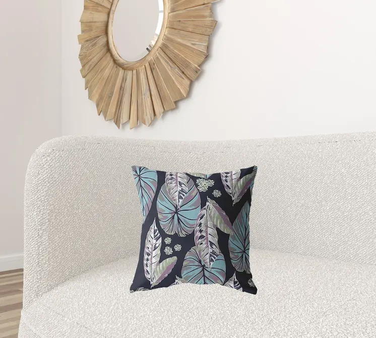 18” Blue Purple Tropical Leaf Zippered Suede Throw Pillow