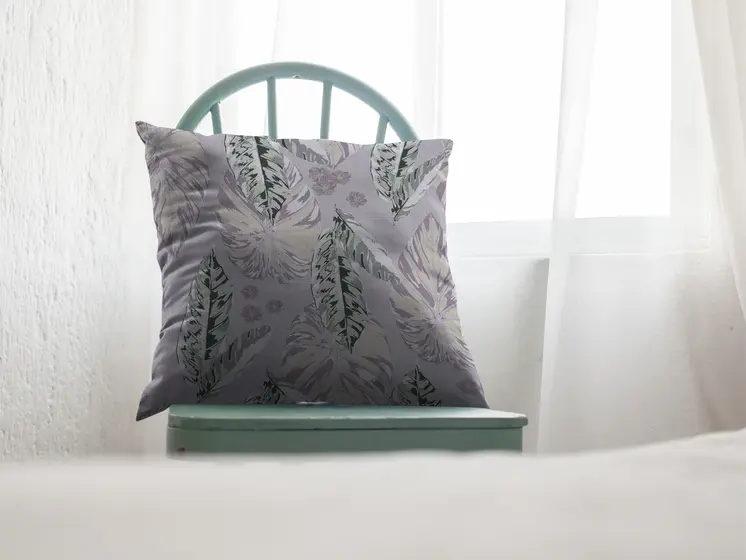 18” Blue Purple Tropical Leaf Zippered Suede Throw Pillow