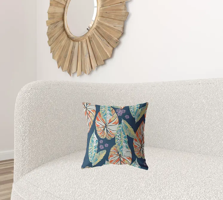 16” Orange Blue Tropical Leaf Zippered Suede Throw Pillow