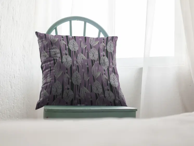 16” Lavender Black Fall Leaves Zippered Suede Throw Pillow