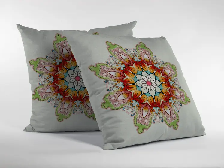 16" Orange Green Mandala Zip Suede Throw Pillow