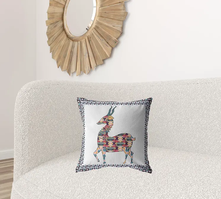 18" Blue White Boho Deer Zippered Suede Throw Pillow