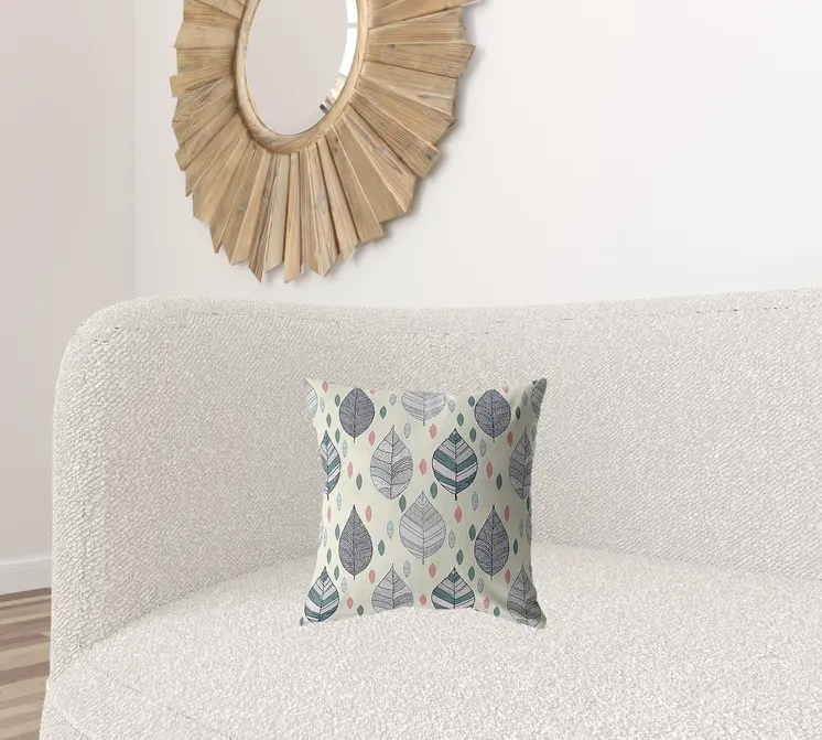 16” Cream Gray Leaves Suede Zippered Throw Pillow