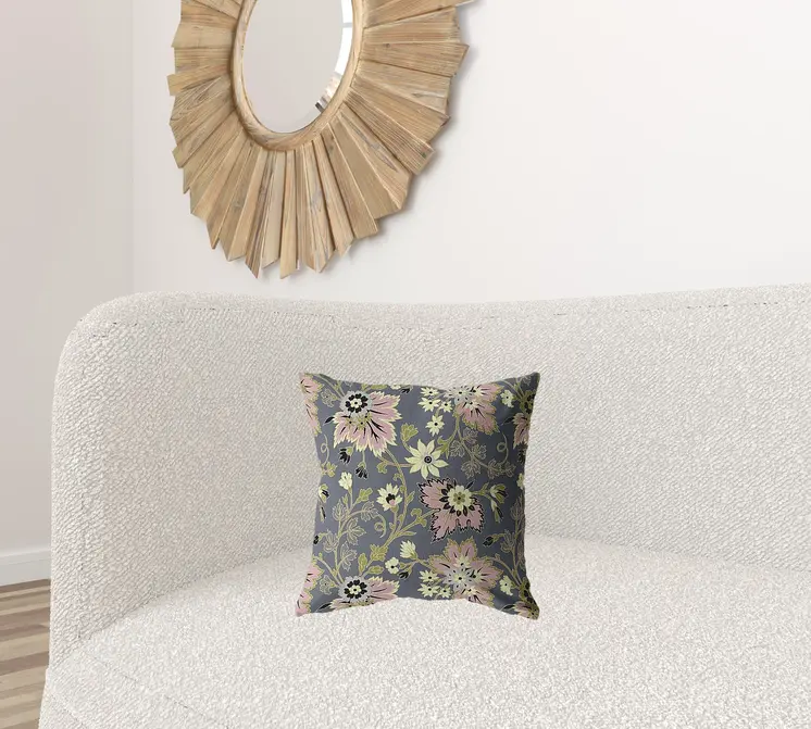 16” Gray Pink Jacobean Zippered Suede Throw Pillow