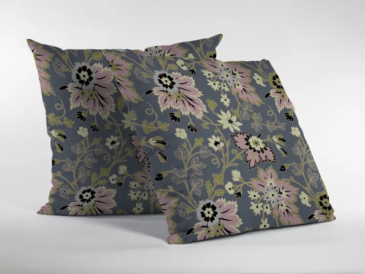 18” Gray Pink Jacobean Zippered Suede Throw Pillow