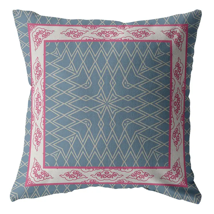 18" Pink Blue Nest Ornate Frame Zippered Suede Throw Pillow