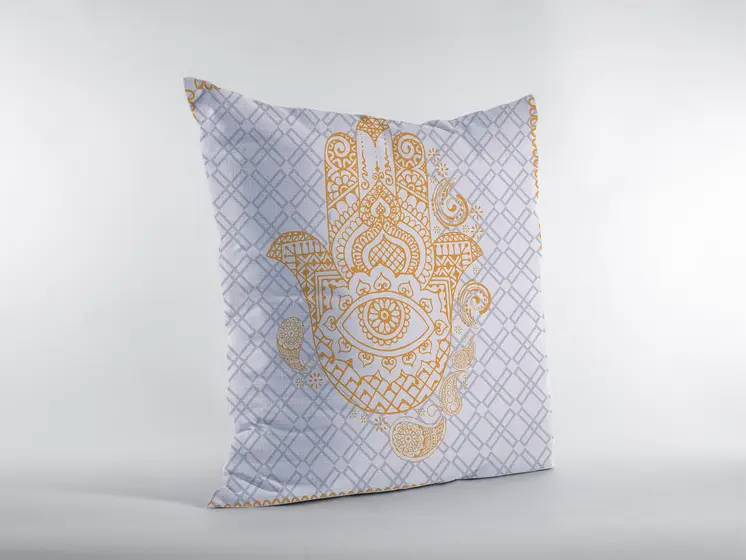 18” Gold Gray Hamsa Suede Zippered Throw Pillow
