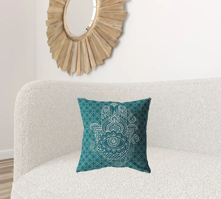 18” Teal White Hamsa Suede Zippered Throw Pillow