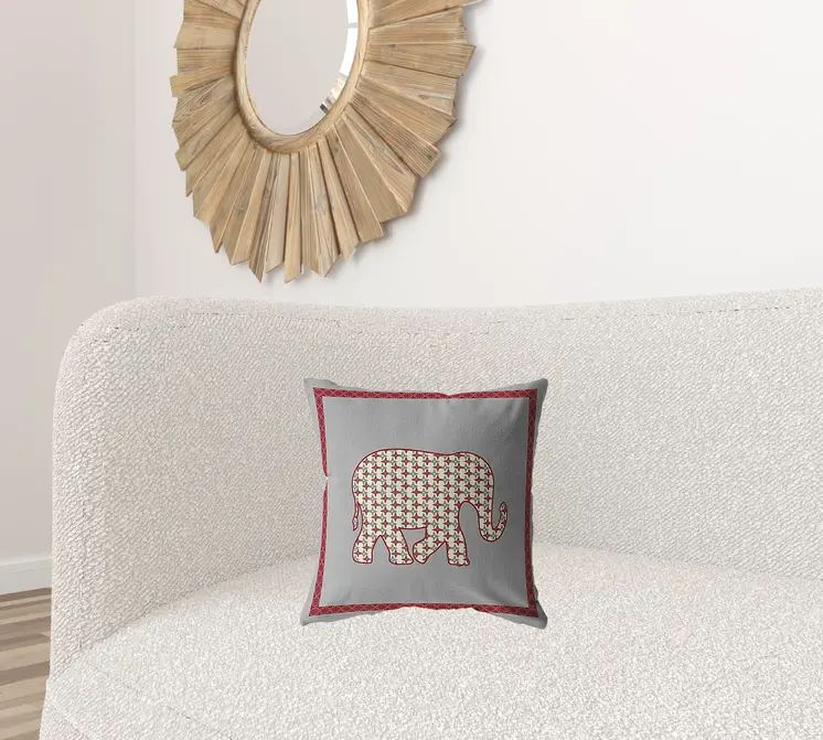 16” Red Gray Elephant Zippered Suede Throw Pillow