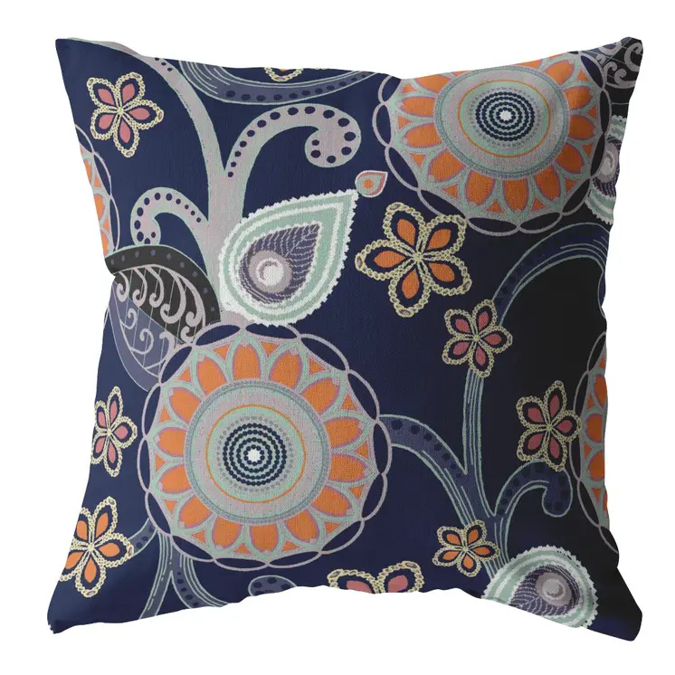 18” Indigo Orange Floral Suede Zippered Throw Pillow