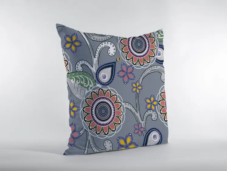 18” Gray Pink Floral Suede Zippered Throw Pillow