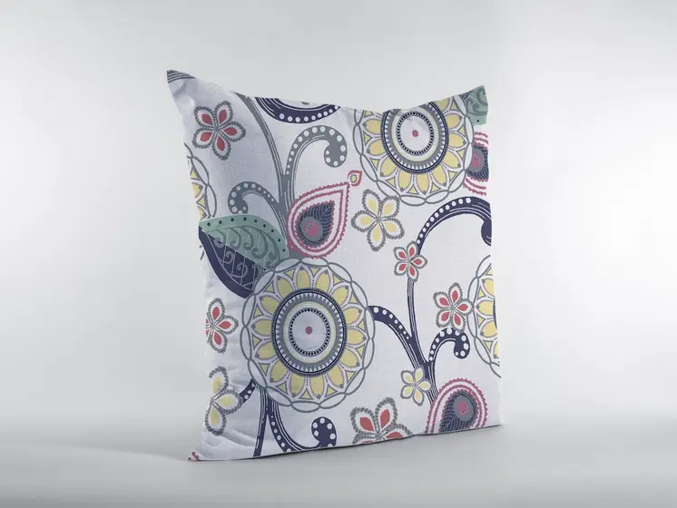 16” White Yellow Floral Suede Zippered Throw Pillow