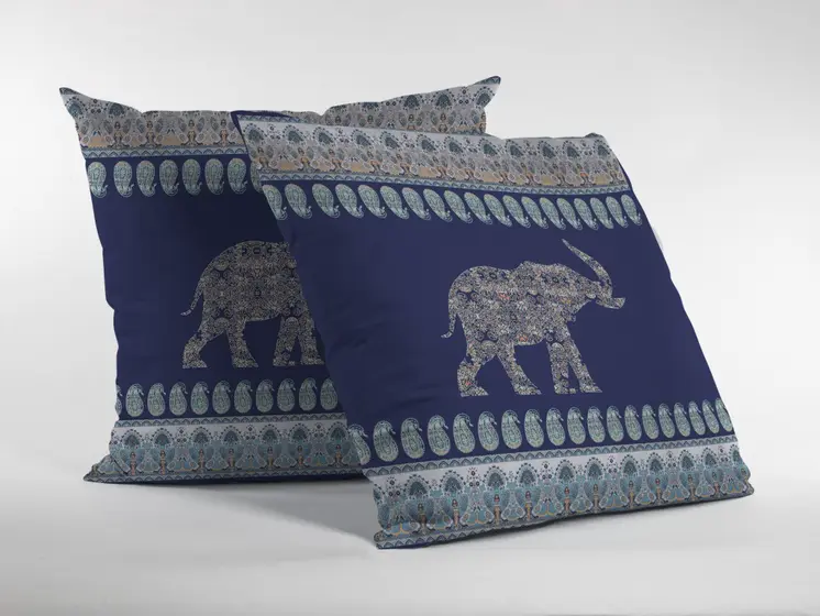 18” Navy Ornate Elephant Zippered Suede Throw Pillow