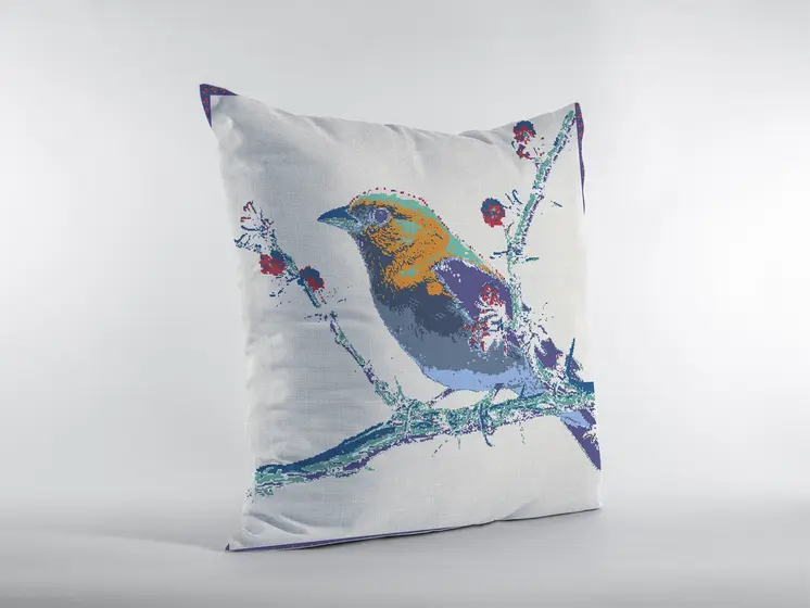 16” Blue White Robin Zippered Suede Throw Pillow