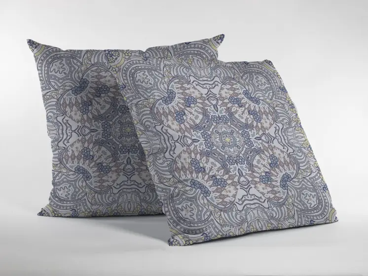 16” Yellow Gray Boho Ornate Zippered Suede Throw Pillow