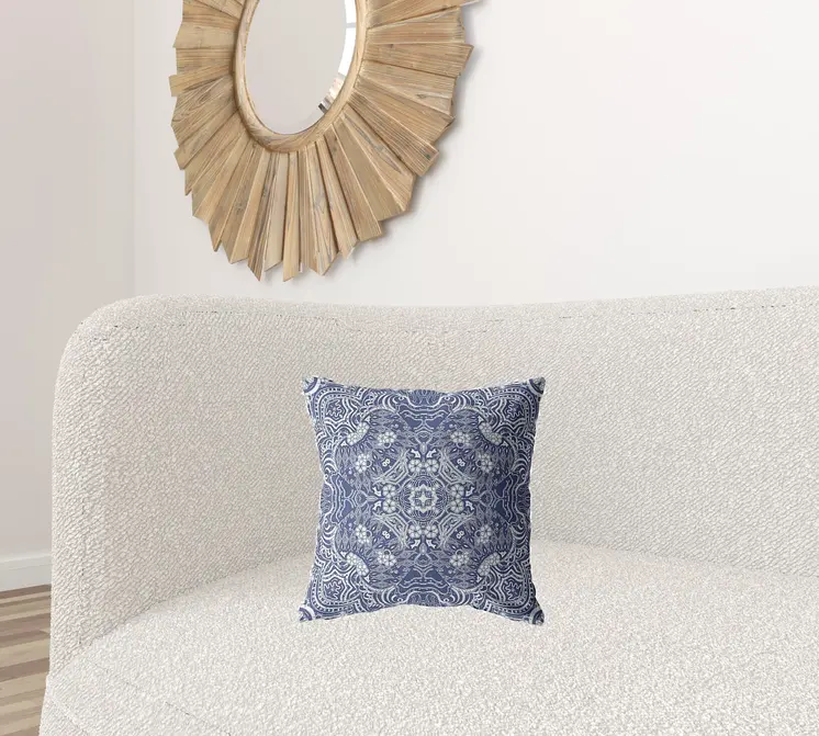 16” Indigo White Boho Ornate Zippered Suede Throw Pillow