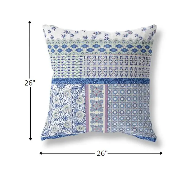 26” Blue Lavender White Patch Indoor Outdoor Zippered Throw Pillow