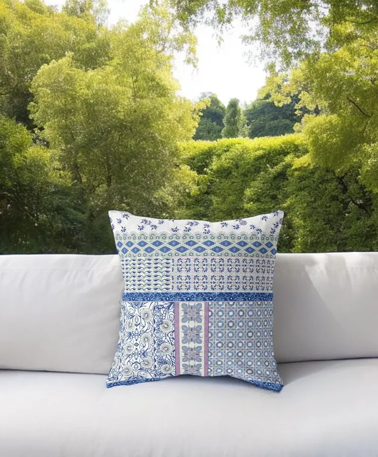 26” Blue Lavender White Patch Indoor Outdoor Zippered Throw Pillow