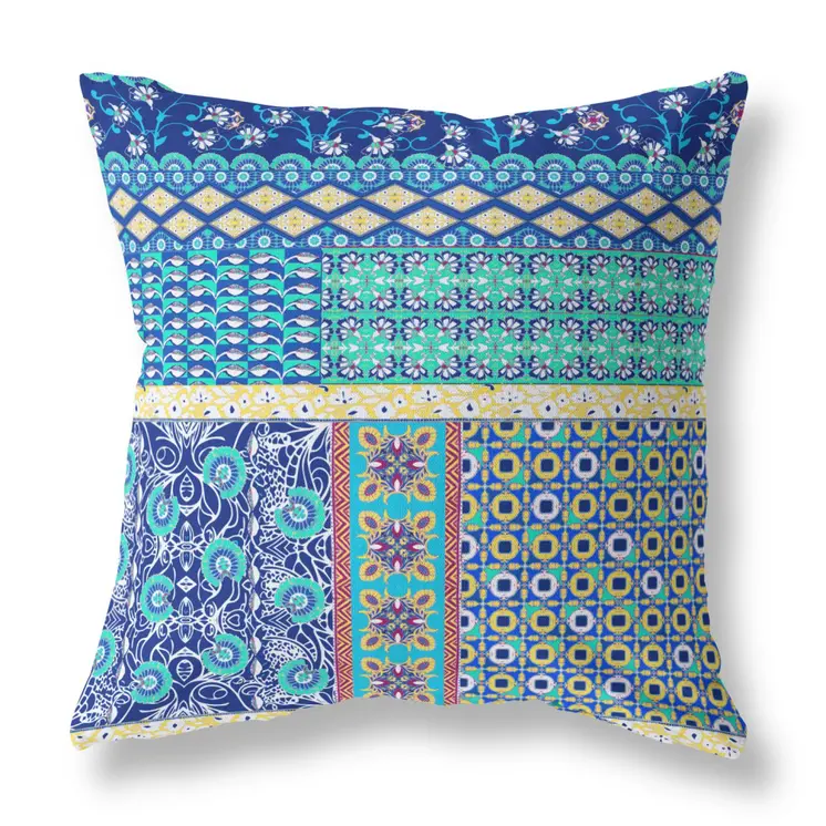 26” Navy Blue Yellow Patch Indoor Outdoor Zippered Throw Pillow