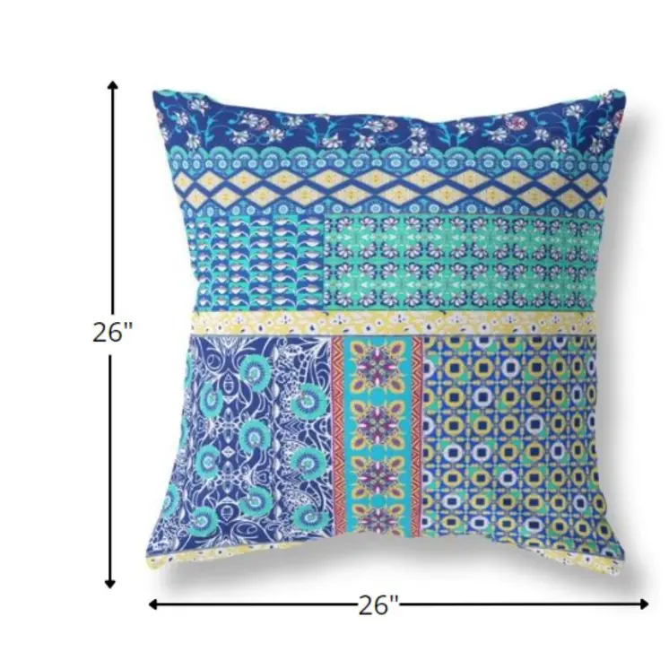 26” Navy Blue Yellow Patch Indoor Outdoor Zippered Throw Pillow