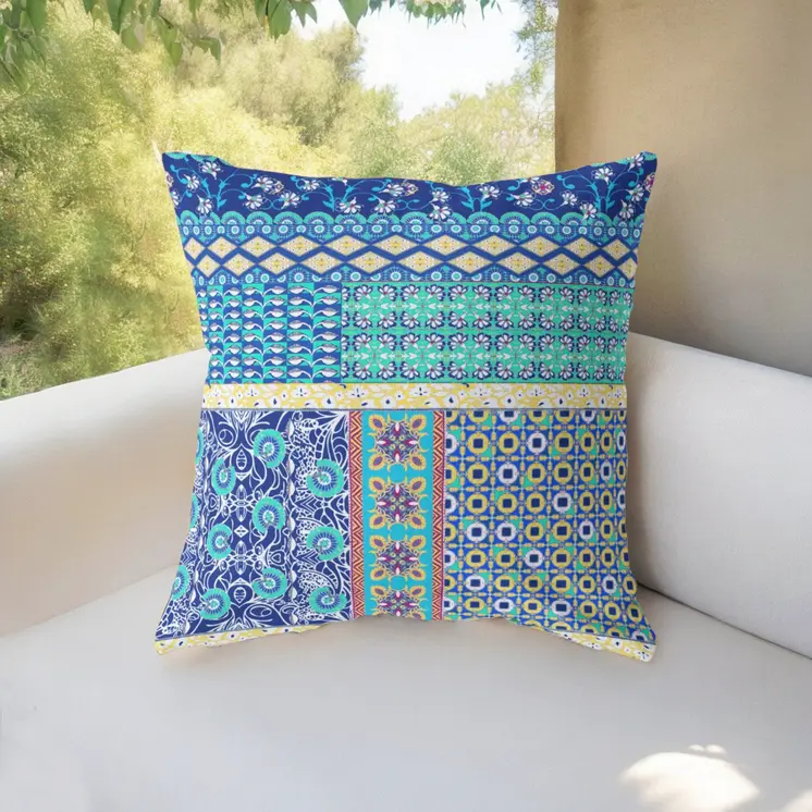 26” Navy Blue Yellow Patch Indoor Outdoor Zippered Throw Pillow