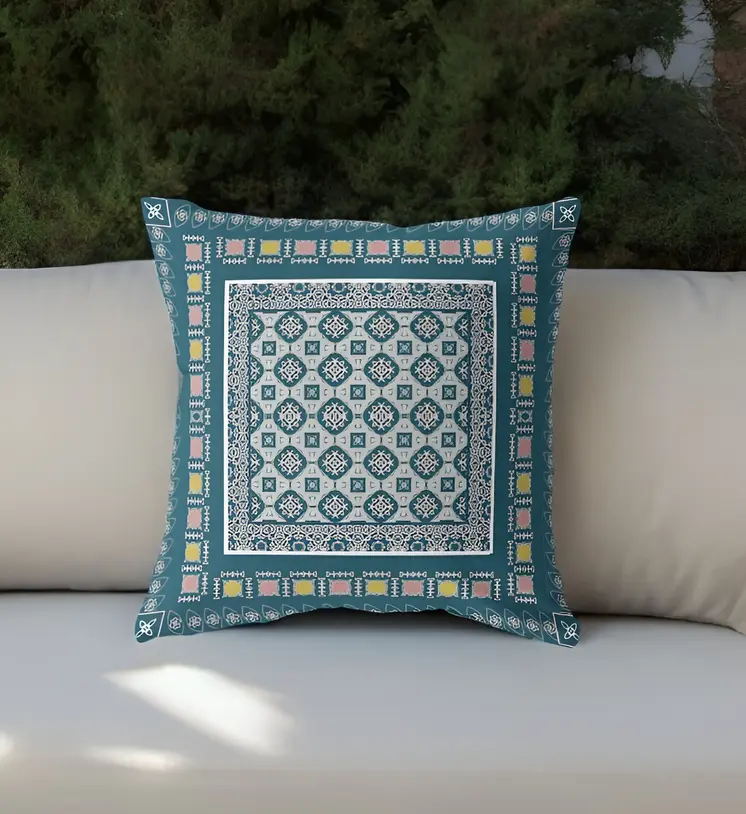 16” Blue Beige Block Indoor Outdoor Zippered Throw Pillow