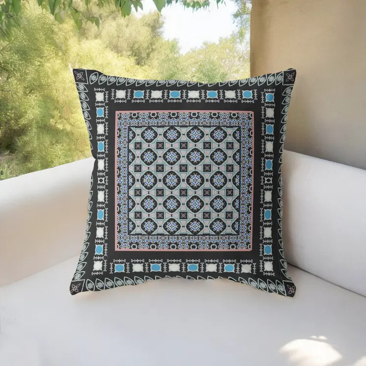 16” Black Blue Block Indoor Outdoor Zippered Throw Pillow