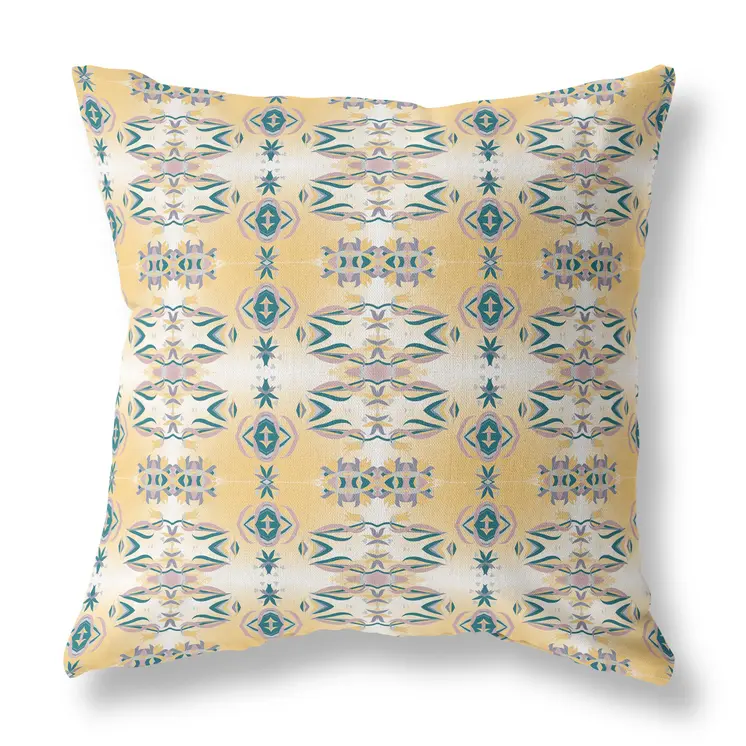 20” Tan Blue Patterned Indoor Outdoor Zippered Throw Pillow