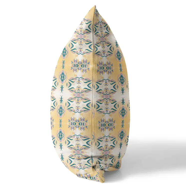 20” Tan Blue Patterned Indoor Outdoor Zippered Throw Pillow
