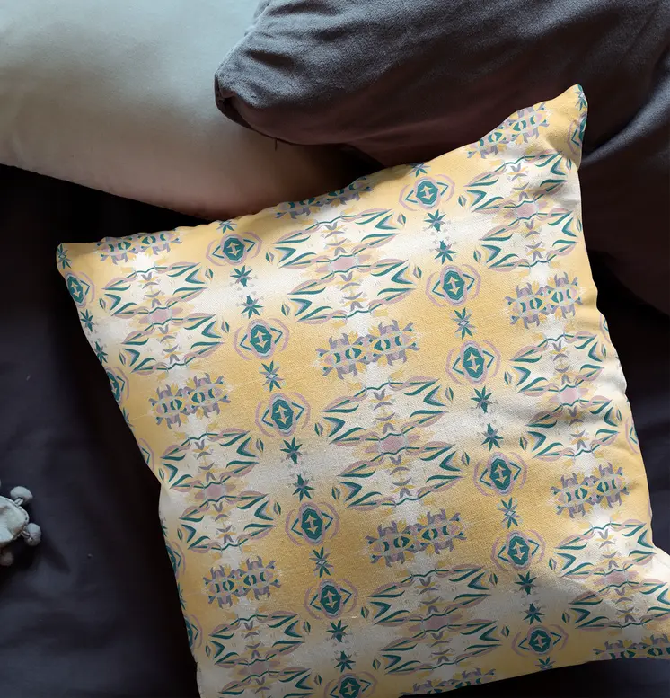 20” Tan Blue Patterned Indoor Outdoor Zippered Throw Pillow