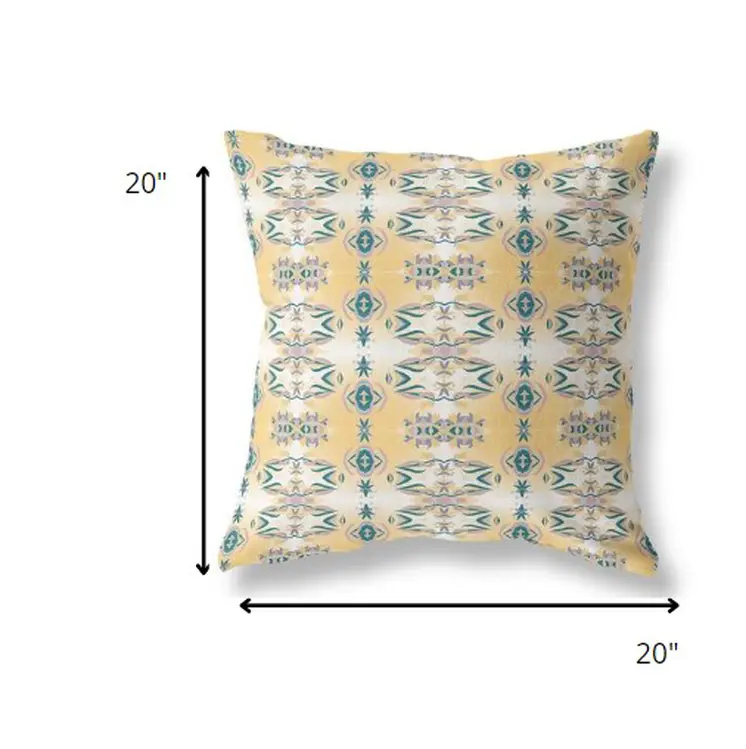20” Tan Blue Patterned Indoor Outdoor Zippered Throw Pillow