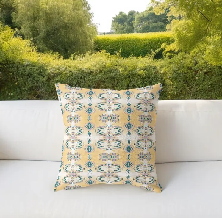 20” Tan Blue Patterned Indoor Outdoor Zippered Throw Pillow
