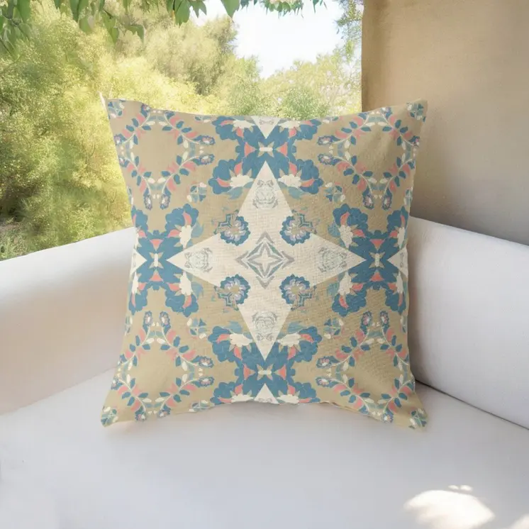 26" Brown Blue Star Indoor Outdoor Zip Throw Pillow