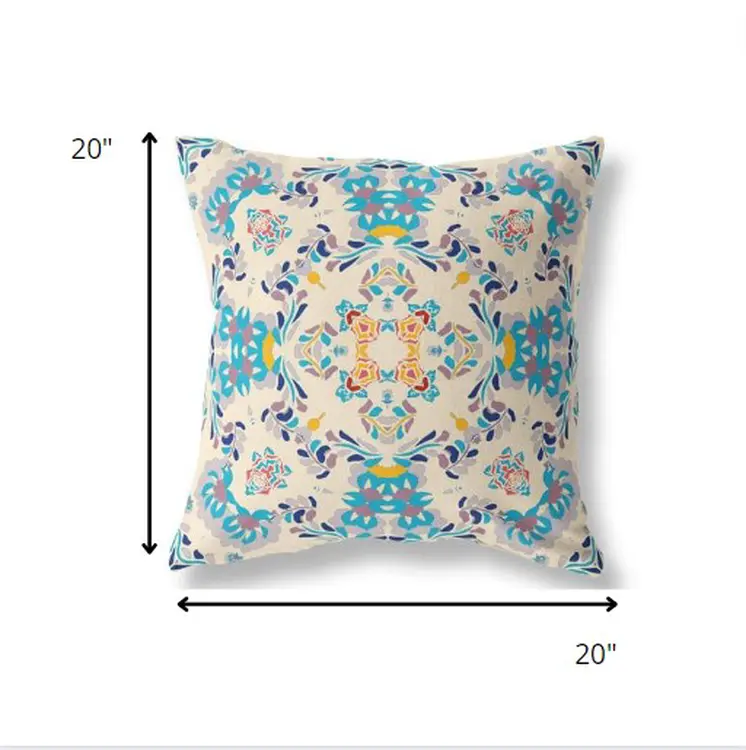20" Blue White Filigree Indoor Outdoor Zip Throw Pillow