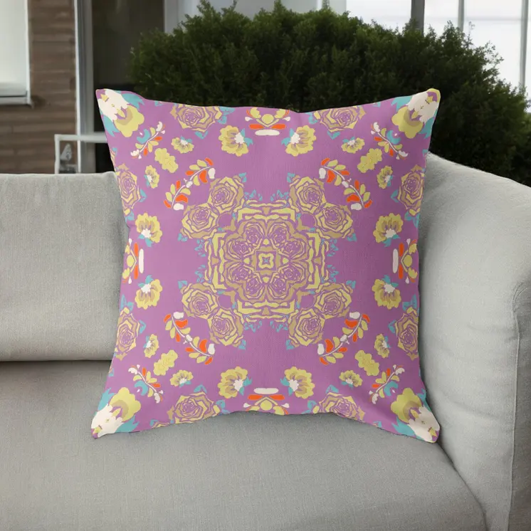 18” Purple Yellow Wreath Indoor Outdoor Zippered Throw Pillow