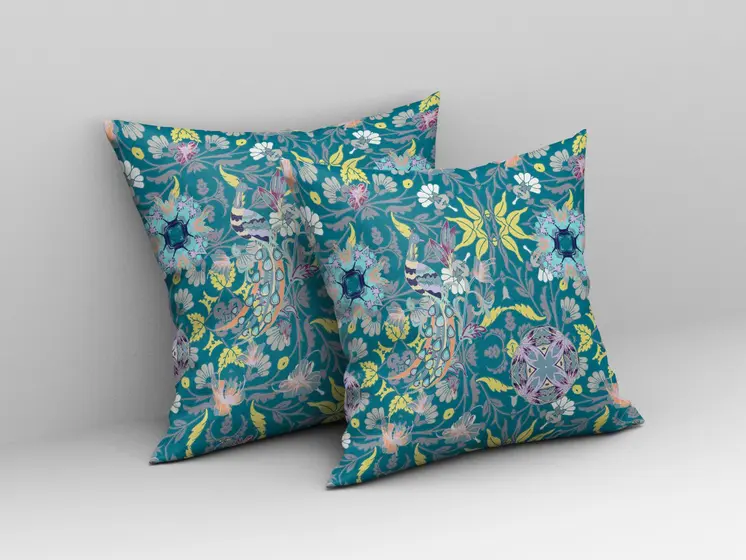 26" Teal Yellow Peacock Indoor Outdoor Zip Throw Pillow