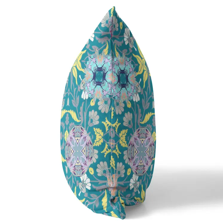26" Teal Yellow Peacock Indoor Outdoor Zip Throw Pillow
