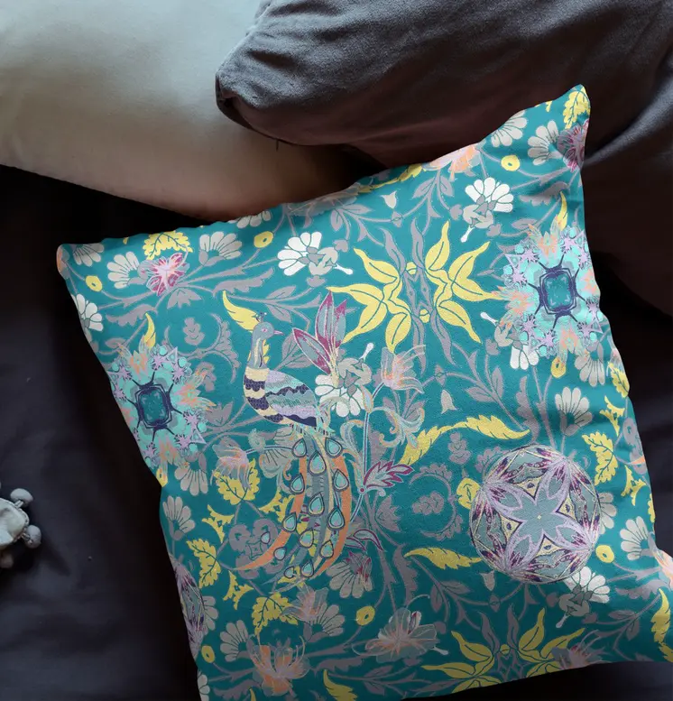 26" Teal Yellow Peacock Indoor Outdoor Zip Throw Pillow