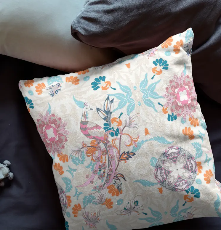 20" Pink Blue Peacock Indoor Outdoor Zip Throw Pillow