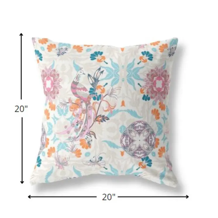 20" Pink Blue Peacock Indoor Outdoor Zip Throw Pillow