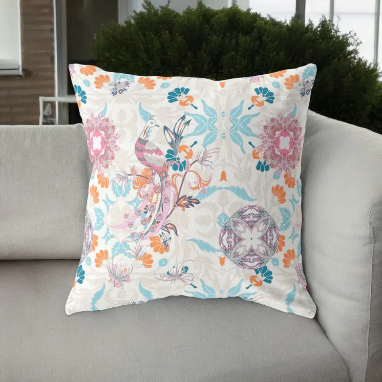20" Pink Blue Peacock Indoor Outdoor Zip Throw Pillow
