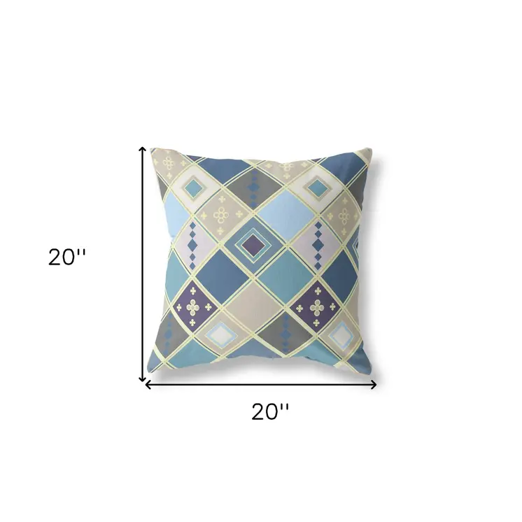 20” Blue Gold Tile Indoor Outdoor Zippered Throw Pillow