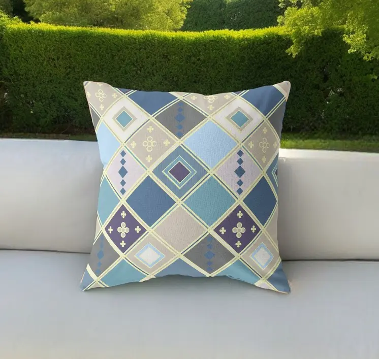 20” Blue Gold Tile Indoor Outdoor Zippered Throw Pillow