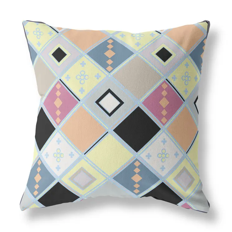 26” Yellow Pink Tile Indoor Outdoor Zippered Throw Pillow