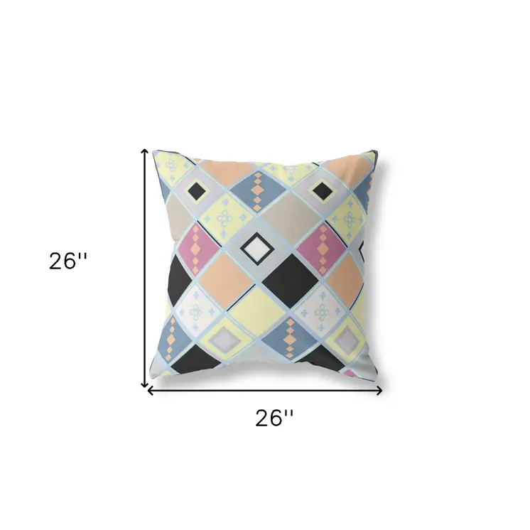 26” Yellow Pink Tile Indoor Outdoor Zippered Throw Pillow