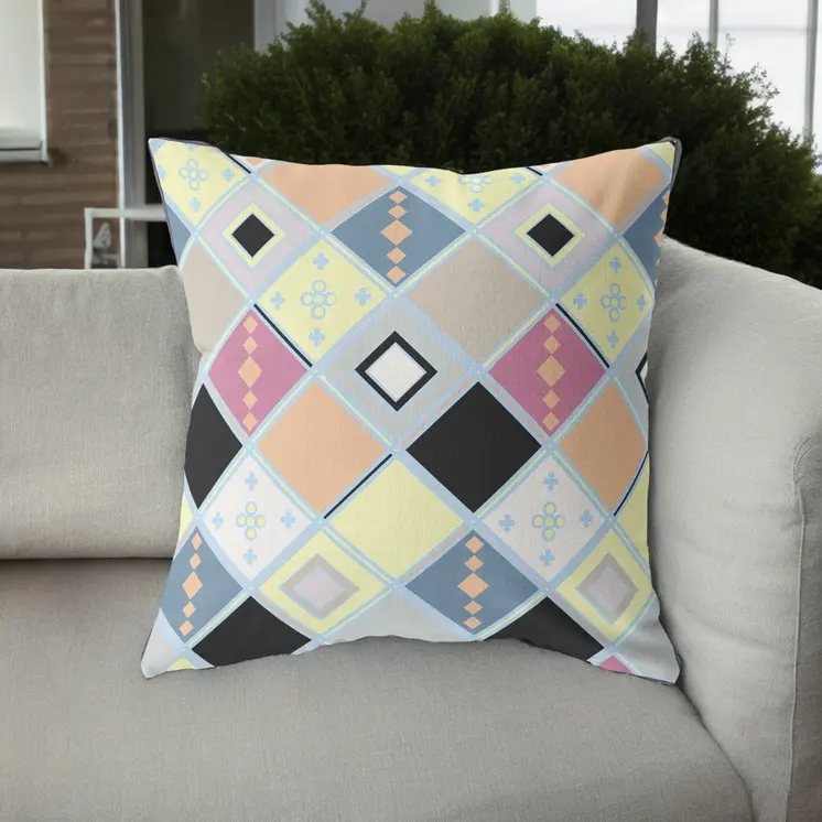26” Yellow Pink Tile Indoor Outdoor Zippered Throw Pillow