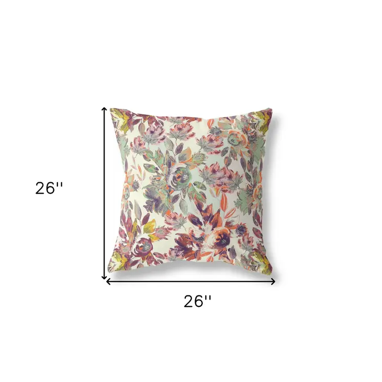 26” Orange Green Florals Indoor Outdoor Zippered Throw Pillow