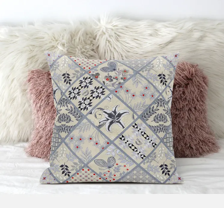 16” Cream Gray Patch Suede Throw Pillow