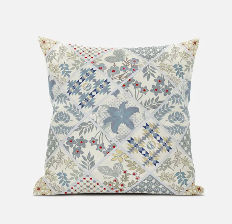 18” White Blue Patch Suede Throw Pillow