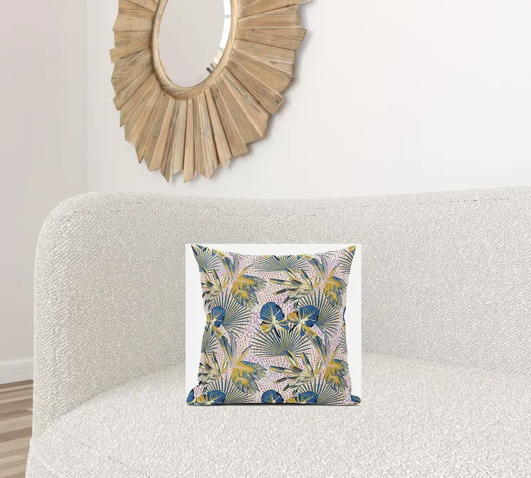 16” Blue Gold Tropical Suede Throw Pillow